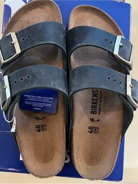Birkenstock Thyme color Arizona Two-Strap Sandals with Metal Buckles
